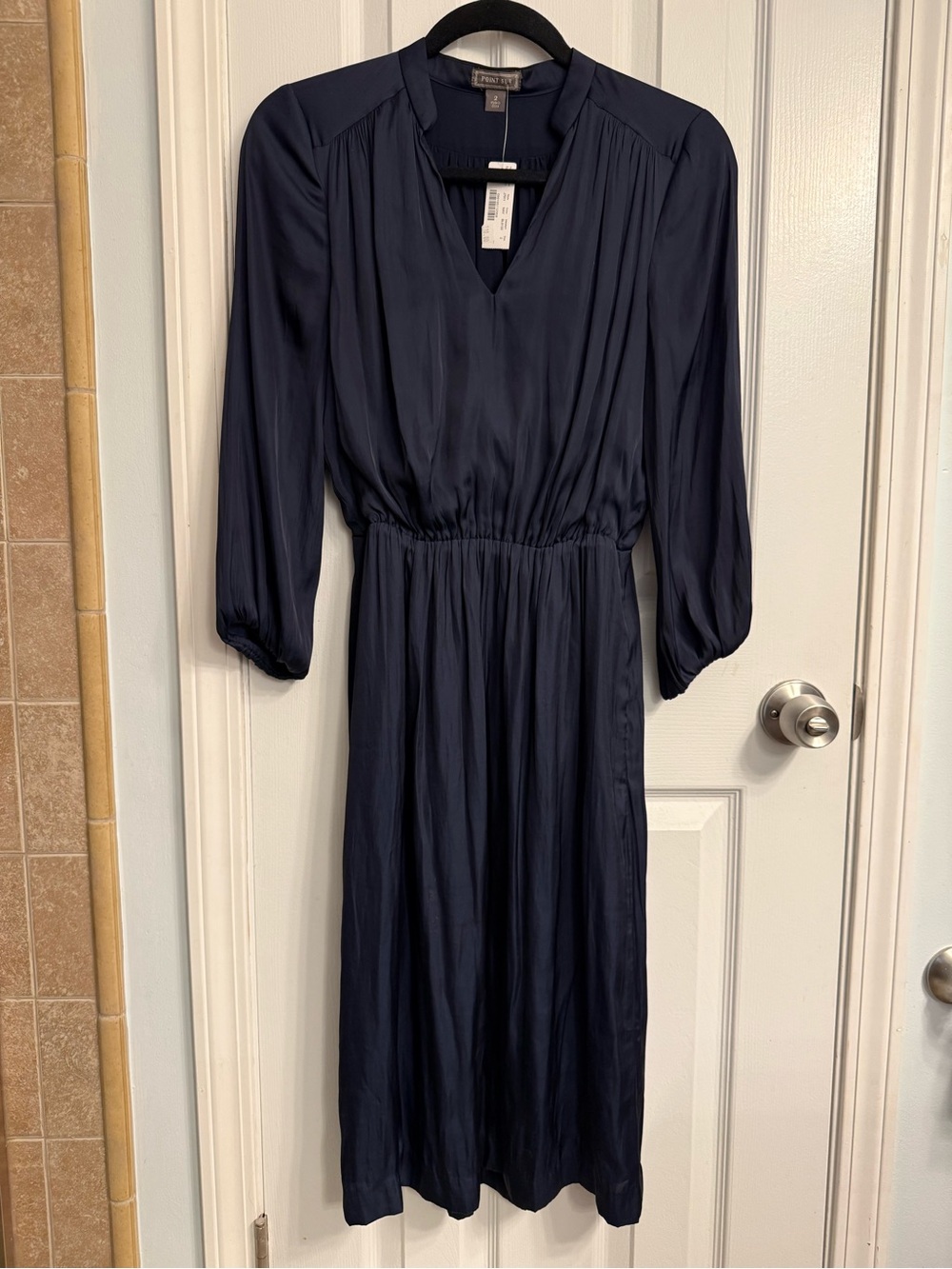 J. Crew Point Sur Silk Navy Long Sleeve Gathered-Waist Midi Dress